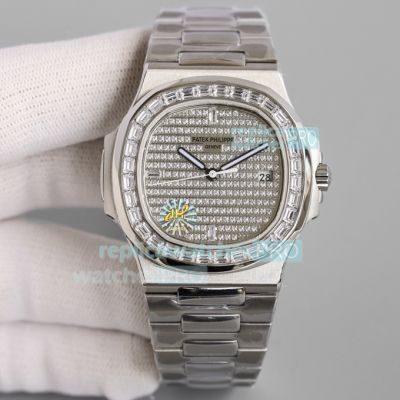 Swiss Replica Patek Philippe Nautilus Diamond Dial & Bezel SS Watch 40MM